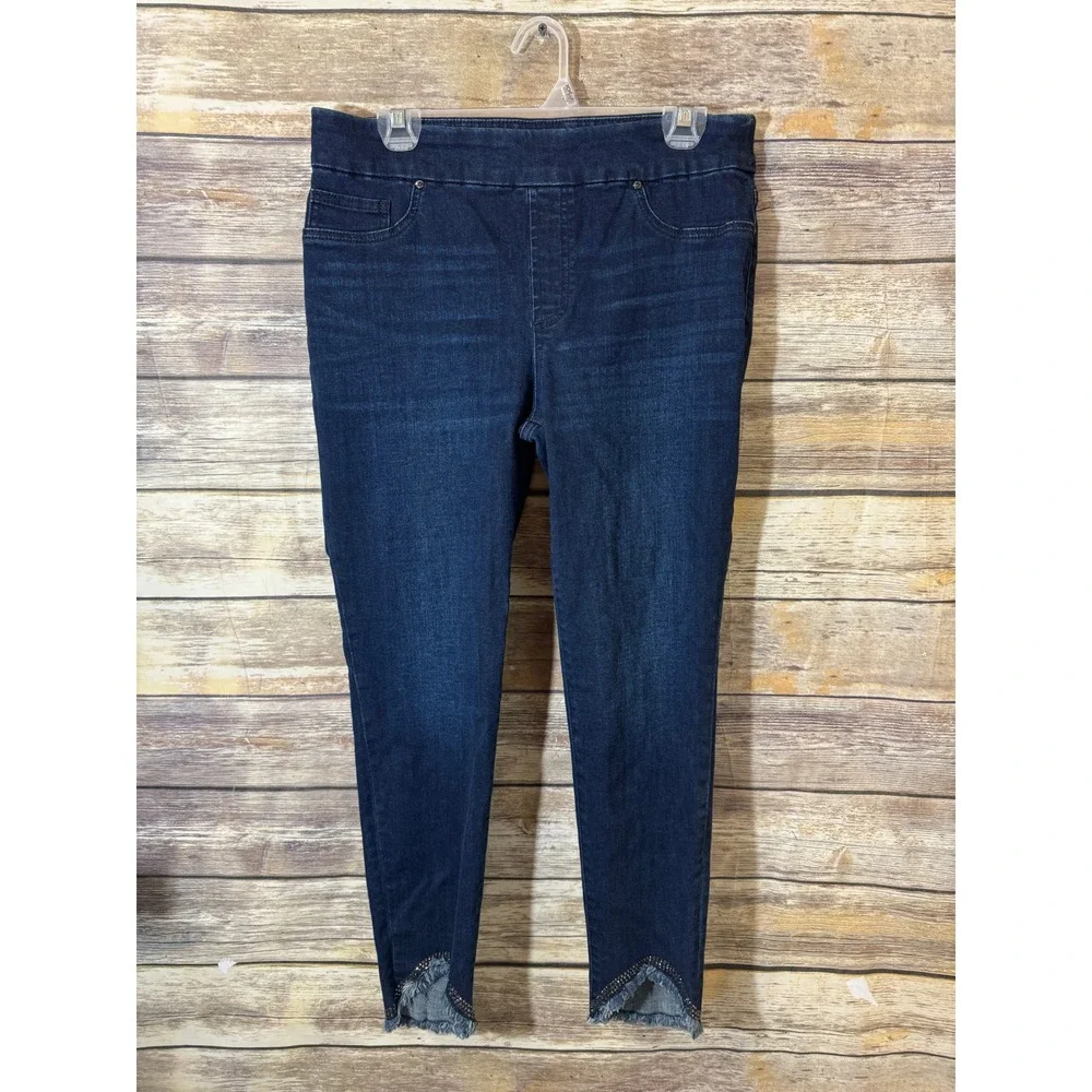 Chicos Jegging Ankle Jeans Dark Wash Rhinestone Frayed Tulip Hem Size 1 US 8